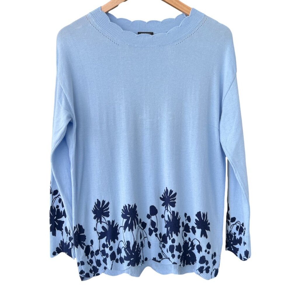 Talbots Sweater Medium Petite Scallop Detail Crewneck Bracelet Sleeves Floral